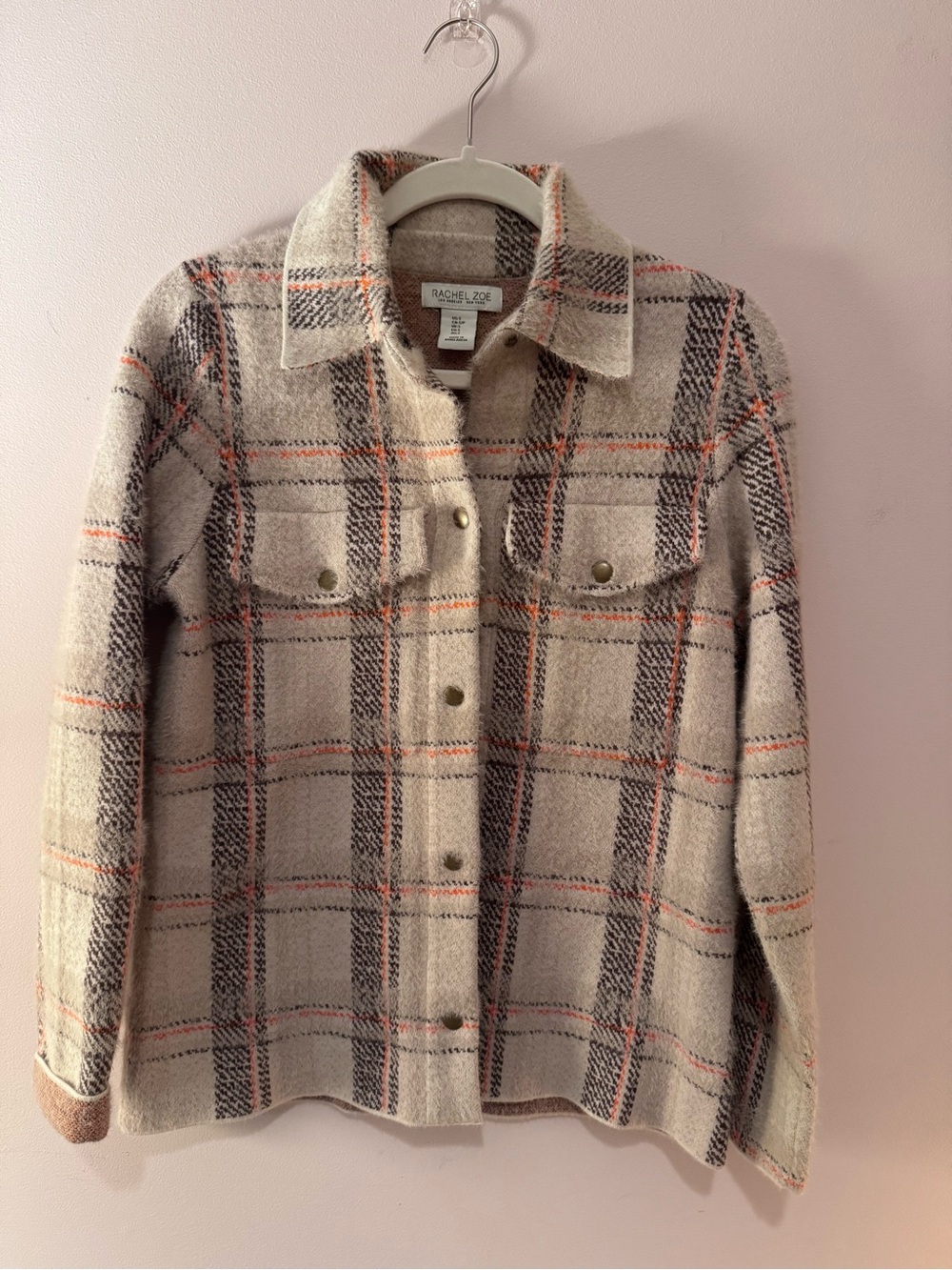 Rachel Zoe Womens Small Fuzzy Knit Plaid Shacket Button Up Sweater Jacket